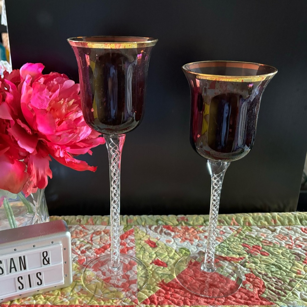 Gold & Burgundy Glass Candle Holders